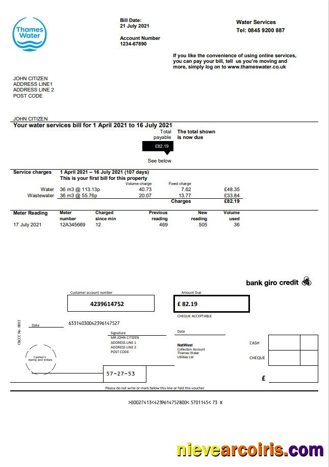 United Kingdom Thames Water utility bill